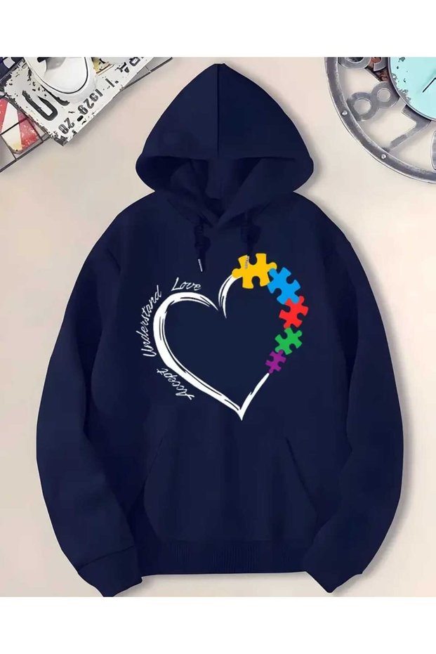 Puzzle Heart Printed Hooded Pocket Cotton Navy Blue Sweatshirt