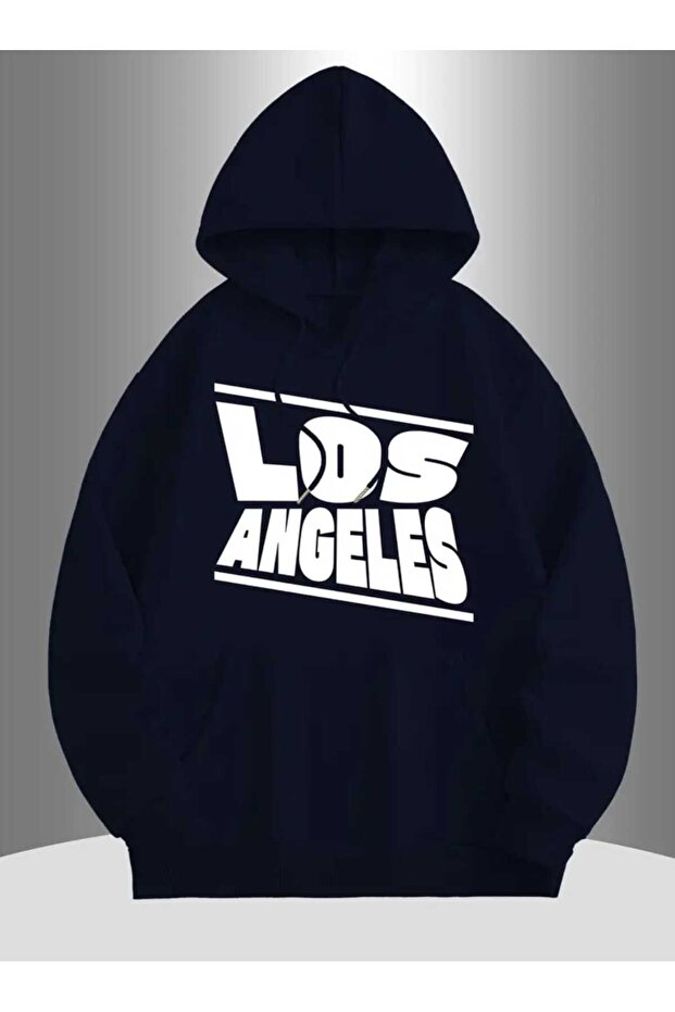 Los Angeles Oblique Printed Hooded Pocket Inside Wool Navy Blue Sweatshirt