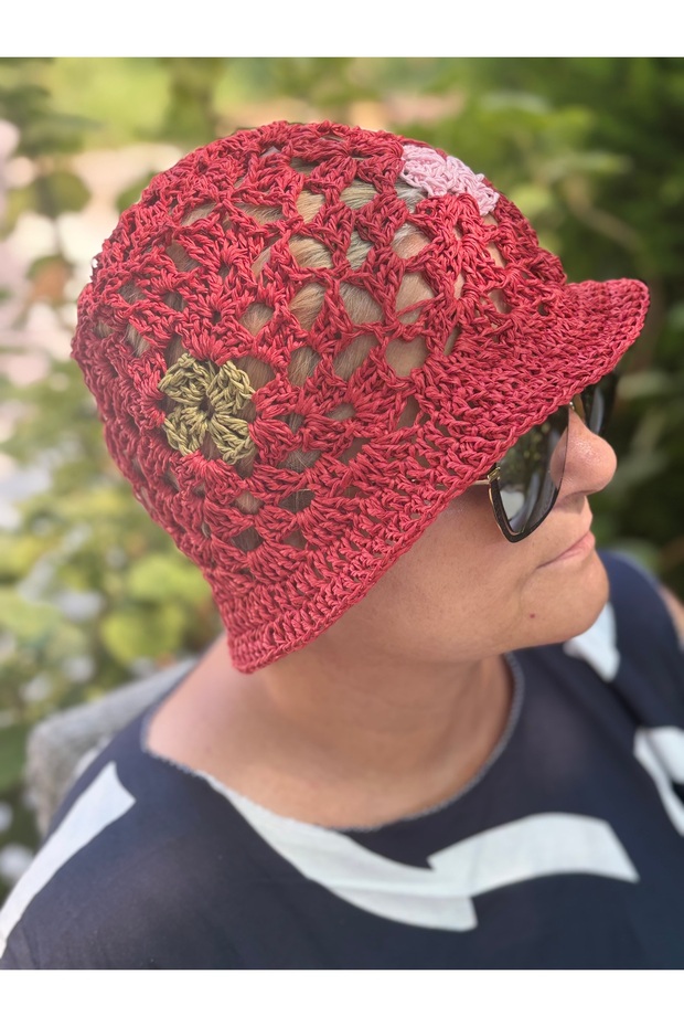 El Yapımı Kağıt İpten Motifli Bucket Şapka – Yazlık Örgü Model - 3