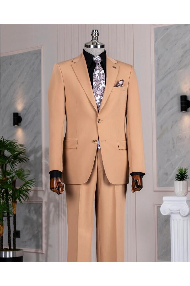 Italian Style Slim Fit Mono Lapel Jacket Pants Suit Camel T14235