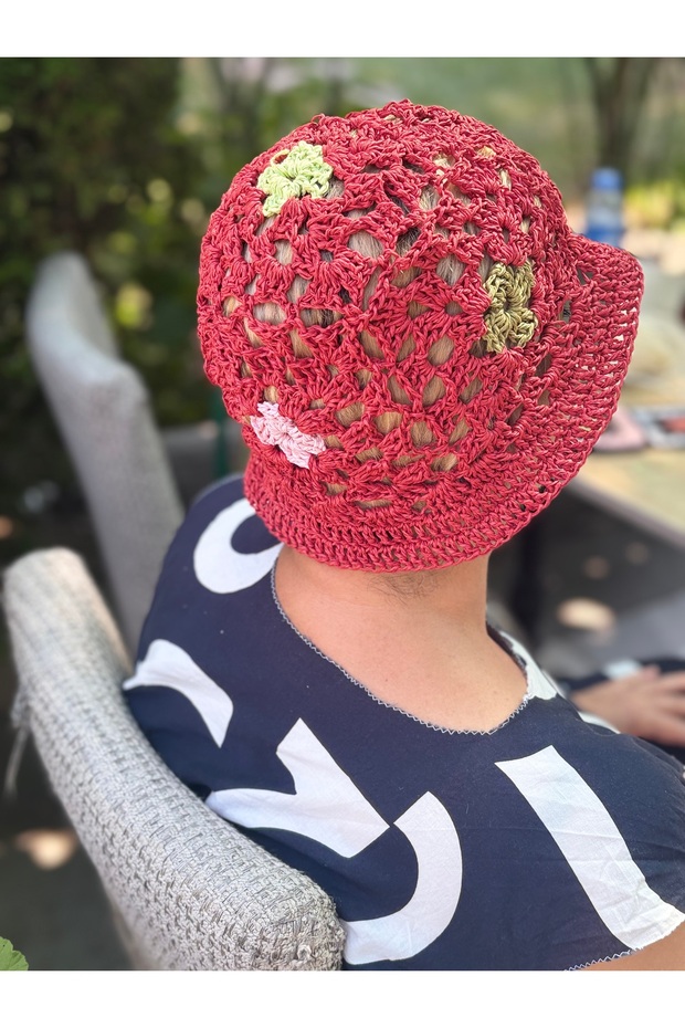 El Yapımı Kağıt İpten Motifli Bucket Şapka – Yazlık Örgü Model - 2