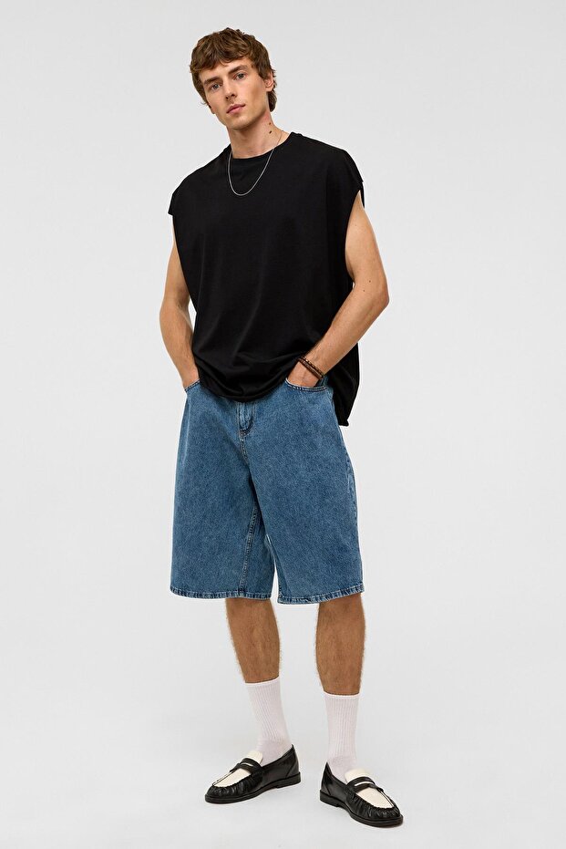 Oversize Bermuda Denim Şort Mavı Renk-2 - 8
