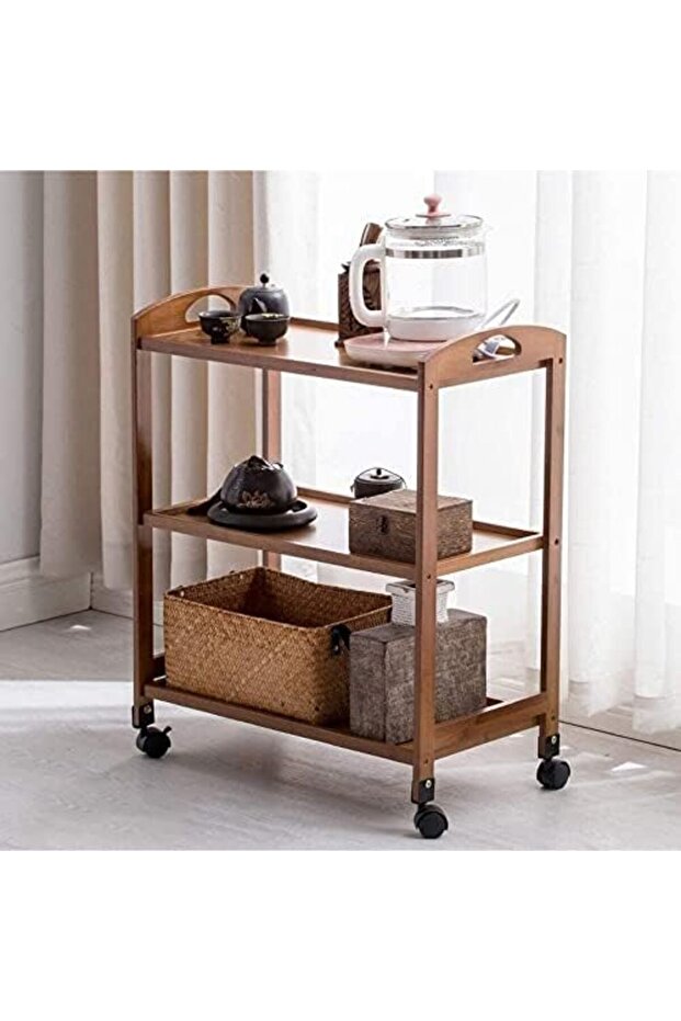 FFD 3 Tier Bamboo Kitchen Trolley, 3 And 4 Tier Kitchen Storage Rack Serving Trolley Island Cart