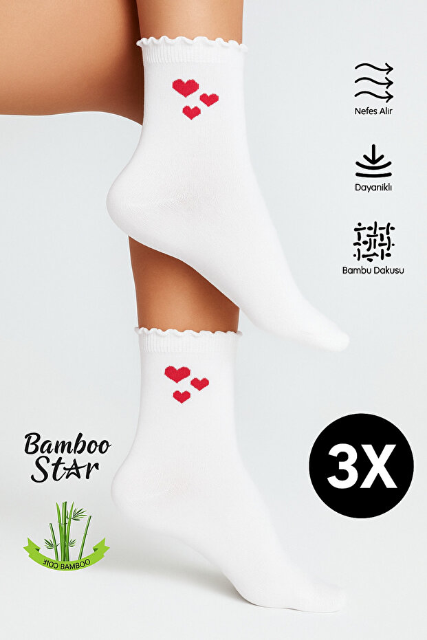 Bamboo Women's White Ruffled Elastic Heart Women's Socks 3-Piece White Socks That Do Not Leave Marks and Do Not Squeeze Socks