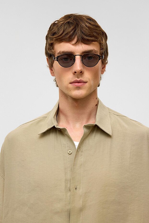 Basic Oversize Kısa Kollu Modal Gömlek Haki - 4