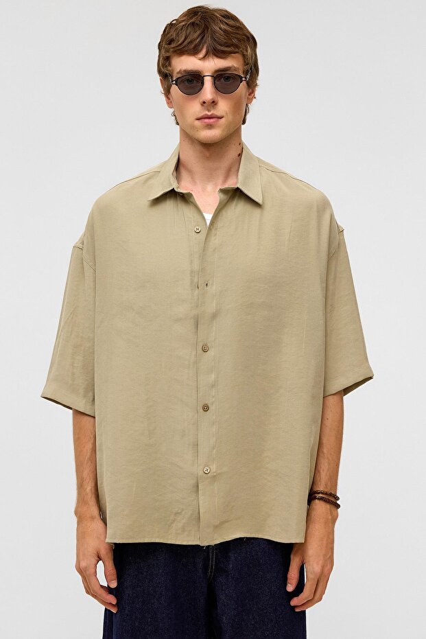Basic Oversize Kısa Kollu Modal Gömlek Haki - 3