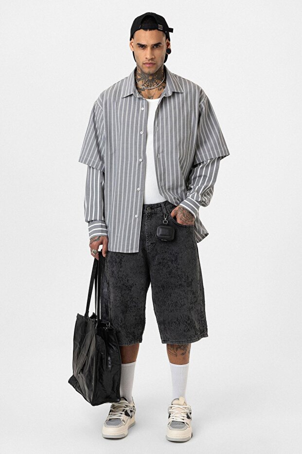 Double sleeve detailed relaxed fit striped shirt
