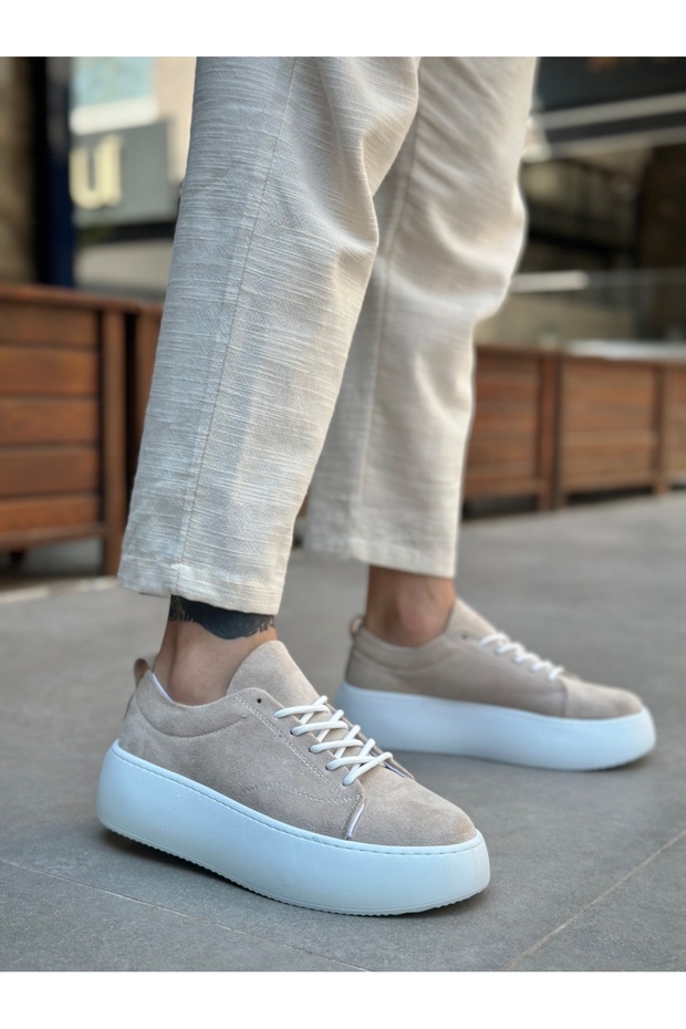 LE11 Bağcıklı Erkek Yüksek Taban İthal Süet Krem Spor Ayakkabı - 3
