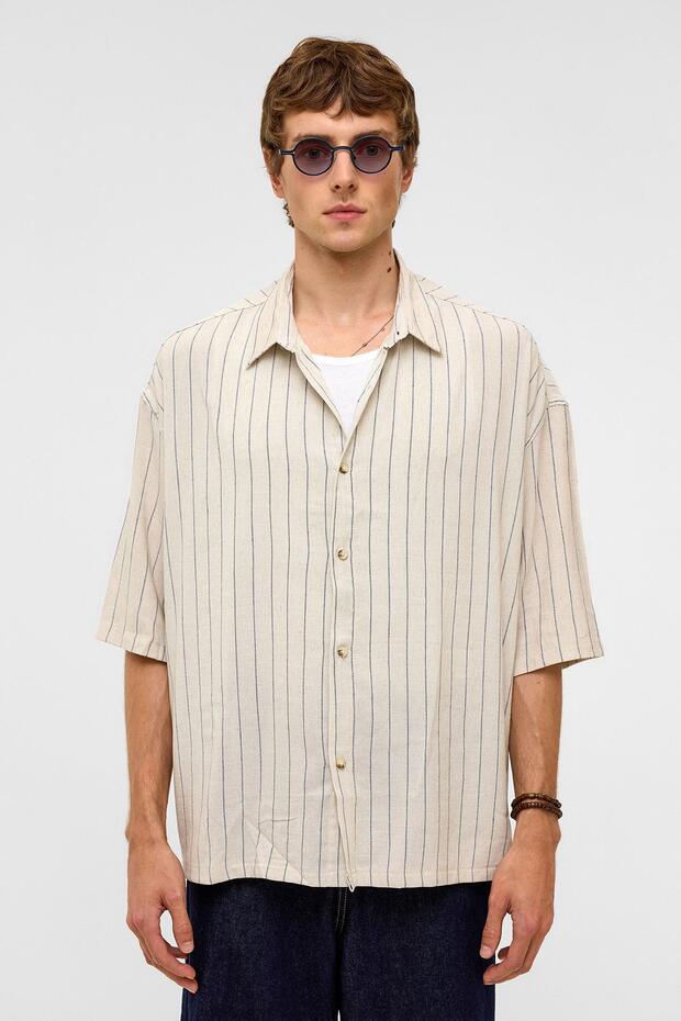 Oversize Striped Short Sleeve Linen Shirt Indigo