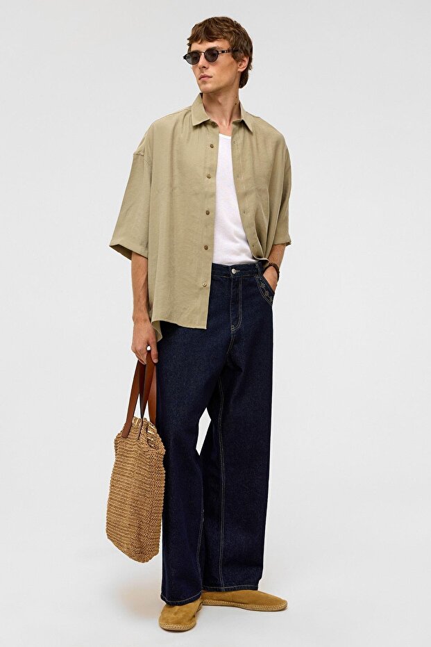 Basic Oversize Kısa Kollu Modal Gömlek Haki - 2