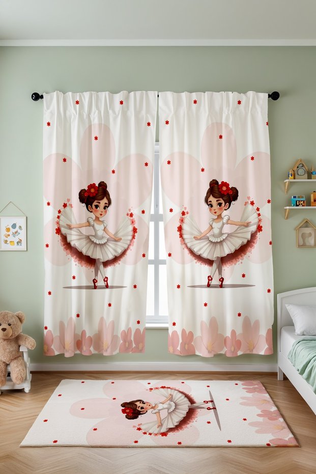 Floral Ballerina Girl Patterned Children's Baby Room Background Curtain (Single Wing Pricing)