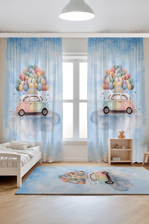 Pastel Car Blue Cloudy Patterned Children's Baby Room Background Curtain (Single Wing Pricing)