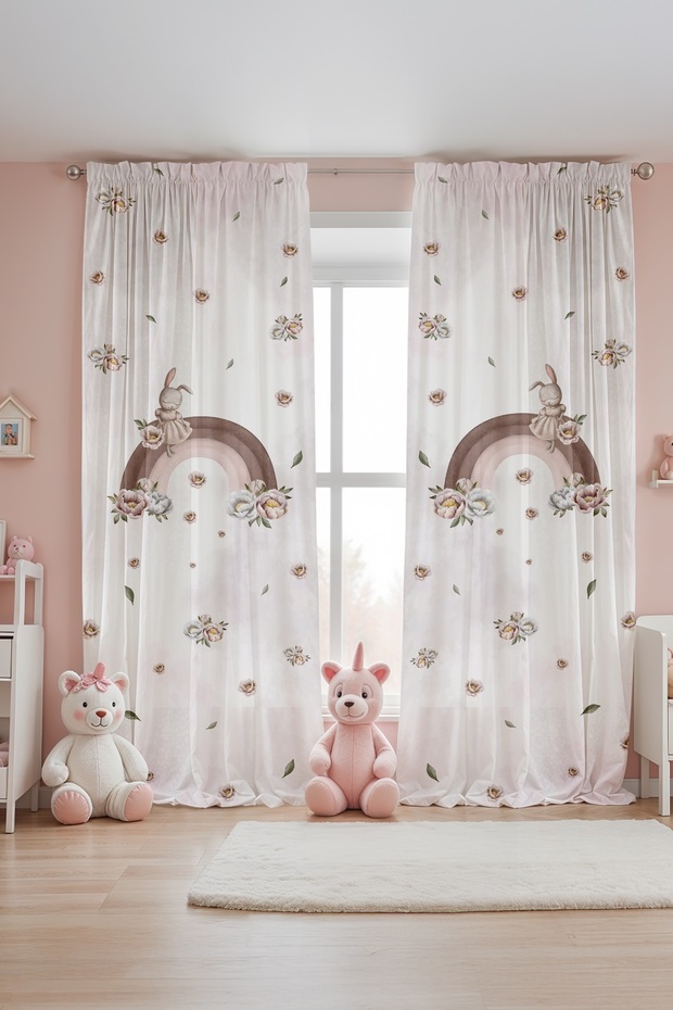 Rainbow Floral Rabbit Patterned Children's Baby Room Background Curtain (Single Wing Pricing)