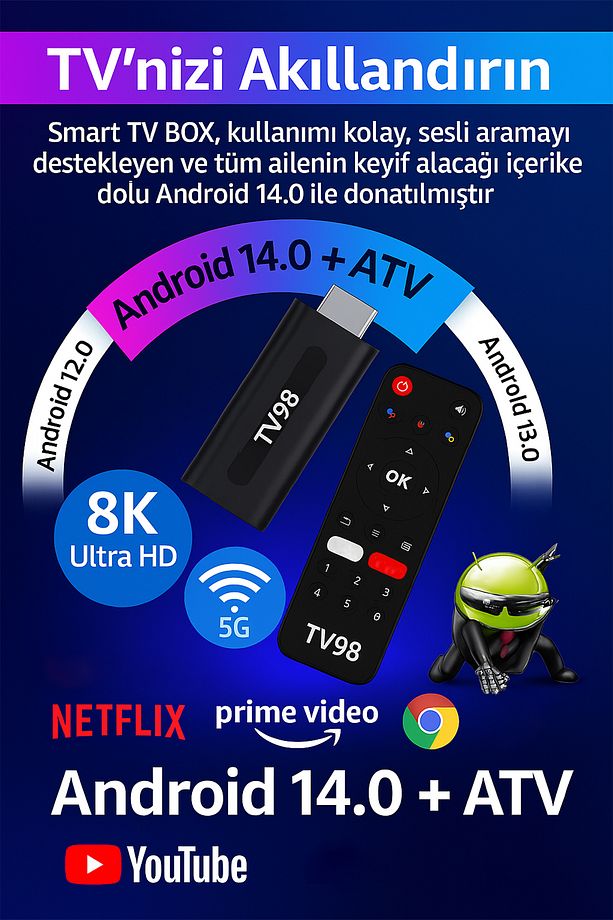 8K Android TV Stick HDMI Medya Oynatıcı Android 14 2GB RAM 16GB Bluetooth 5.0 Google Asistan - 1