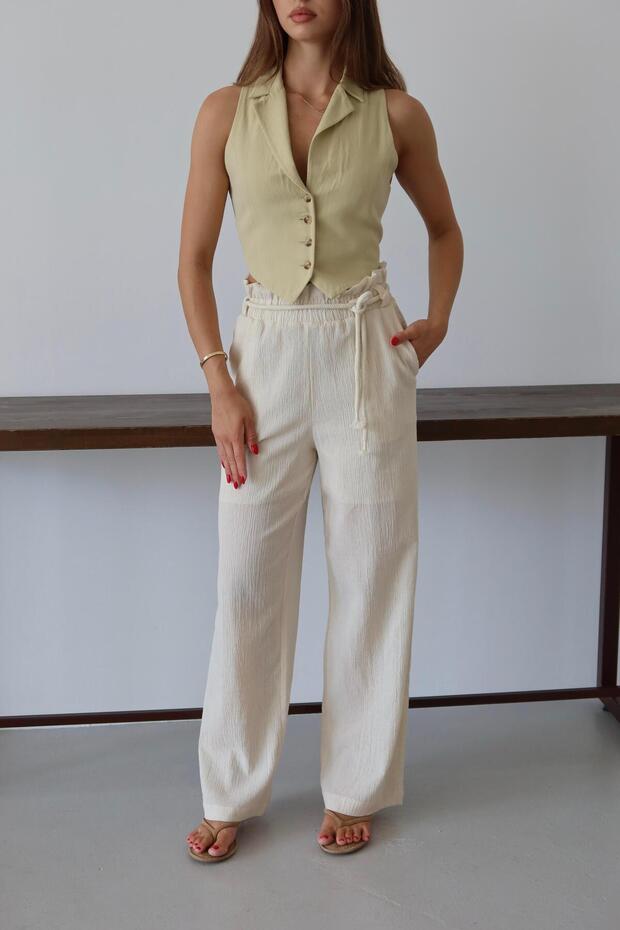 Krem Krinkıl Kumaş Bağcıklı Yazlık Pantolon - 4