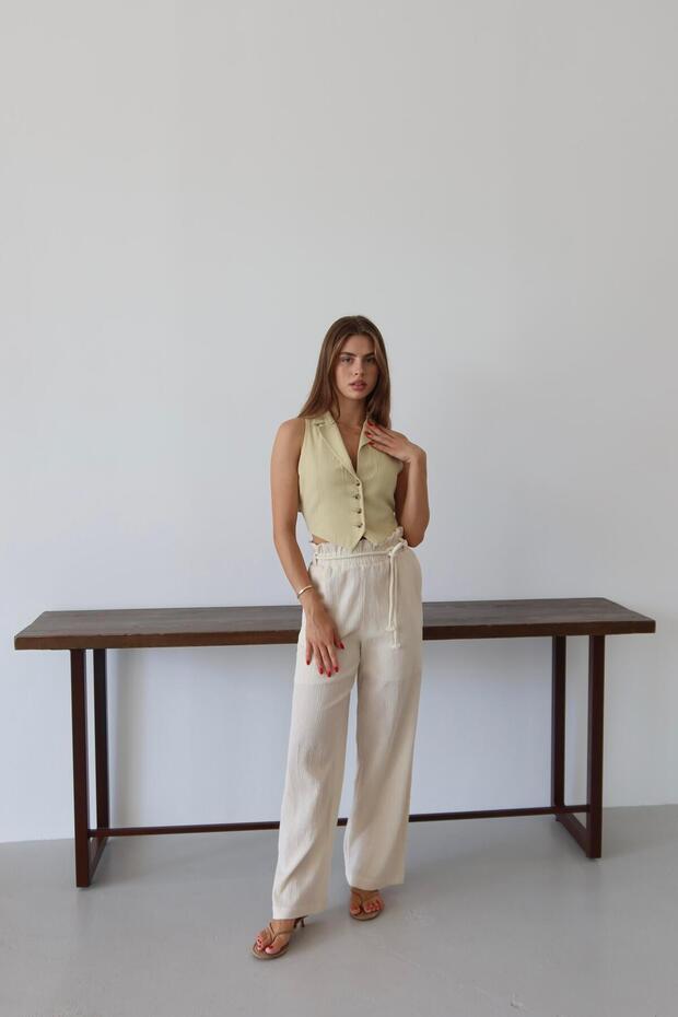 Krem Krinkıl Kumaş Bağcıklı Yazlık Pantolon - 5