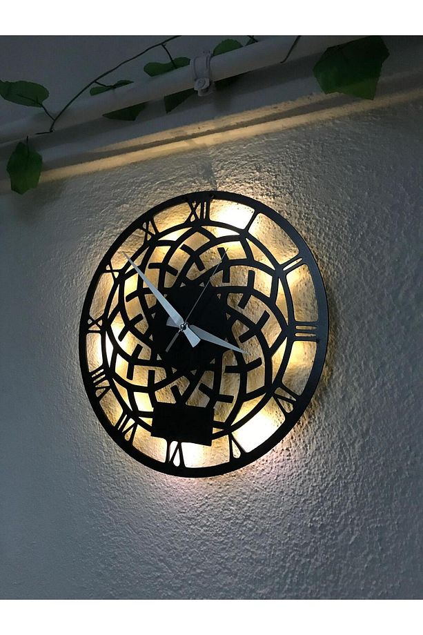 Dekoratif Geometrik Desenli Ledli Ahşap Duvar Saati - 3