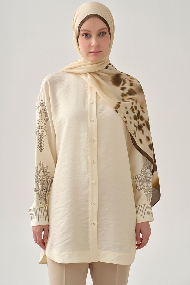 Kollar Nakışlı Tunik - Ekru - 1
