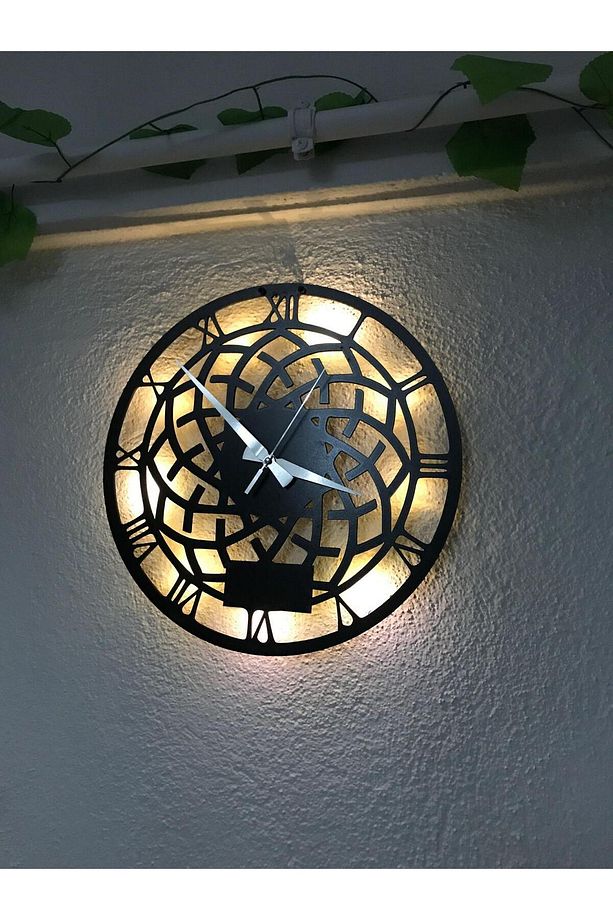 Dekoratif Geometrik Desenli Ledli Ahşap Duvar Saati - 4