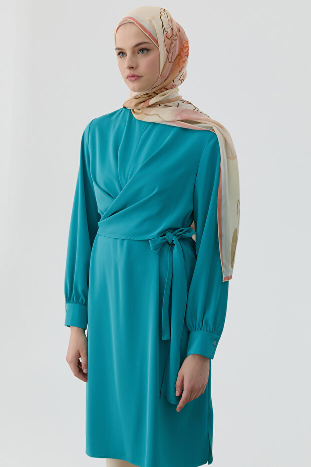 Drapeli Belden Bağlamalı Tunik - Aqua - 3