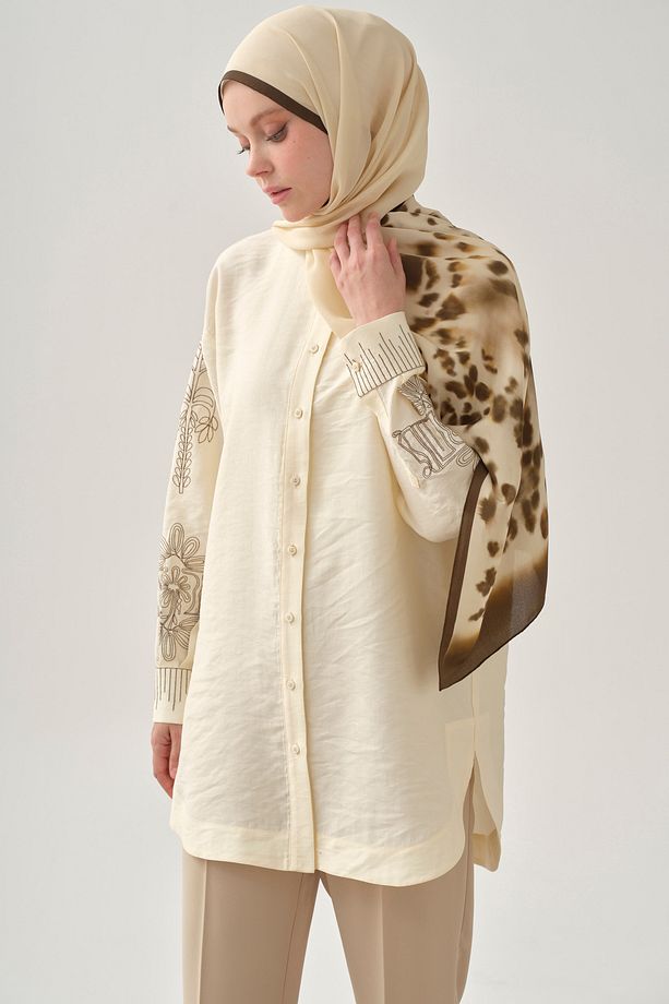 Kollar Nakışlı Tunik - Ekru - 4