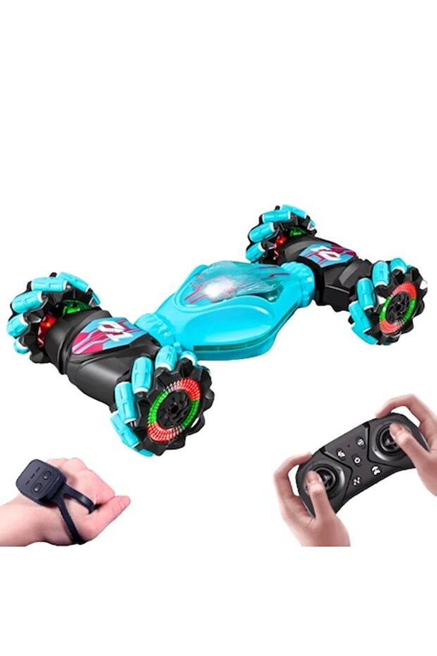 Dazzing Twisted RC Stunt Car with Gesture Sensor, 4WD, LED - Turquoise - 1