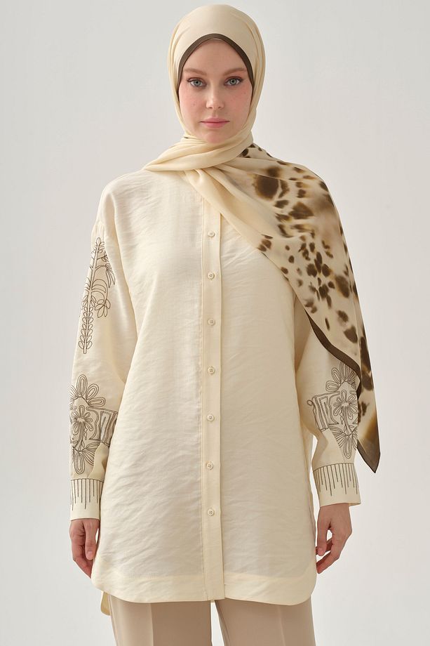 Kollar Nakışlı Tunik - Ekru - 5