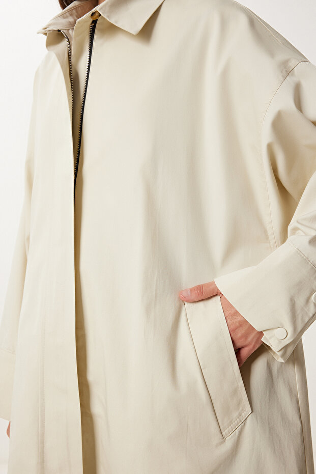 Cremefarbener, übergroßer, gewebter Trenchcoat für Damen mit Reißverschluss FG00052 - 5