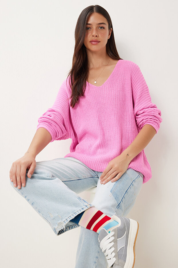 Women's Pink V-Neck Brioche Knit Oversized Knit Sweater ZA00059