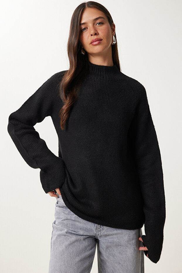 Kadın Siyah Basic Oversize Triko Kazak MX00237 - 1