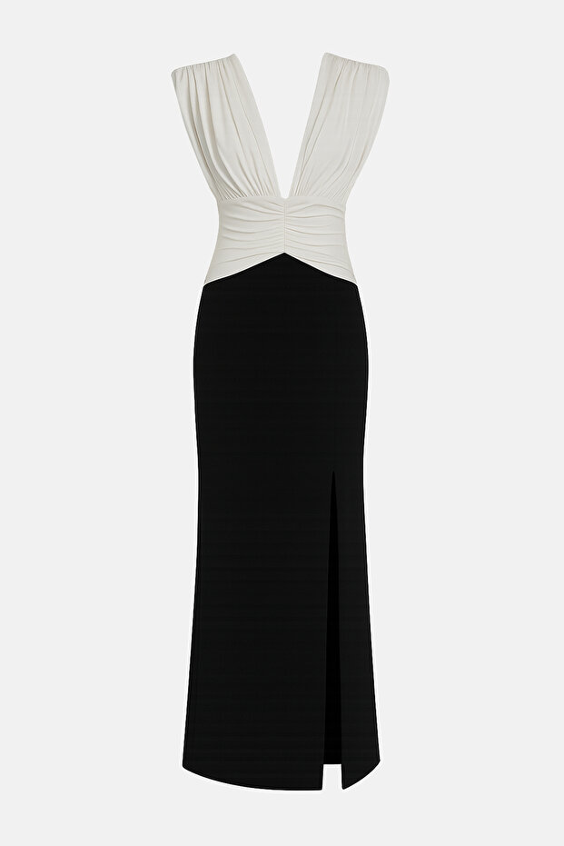 Siyah-Beyaz Renk Bloklu Maxi Boy Elbise TPRSS25EL00315 - 5