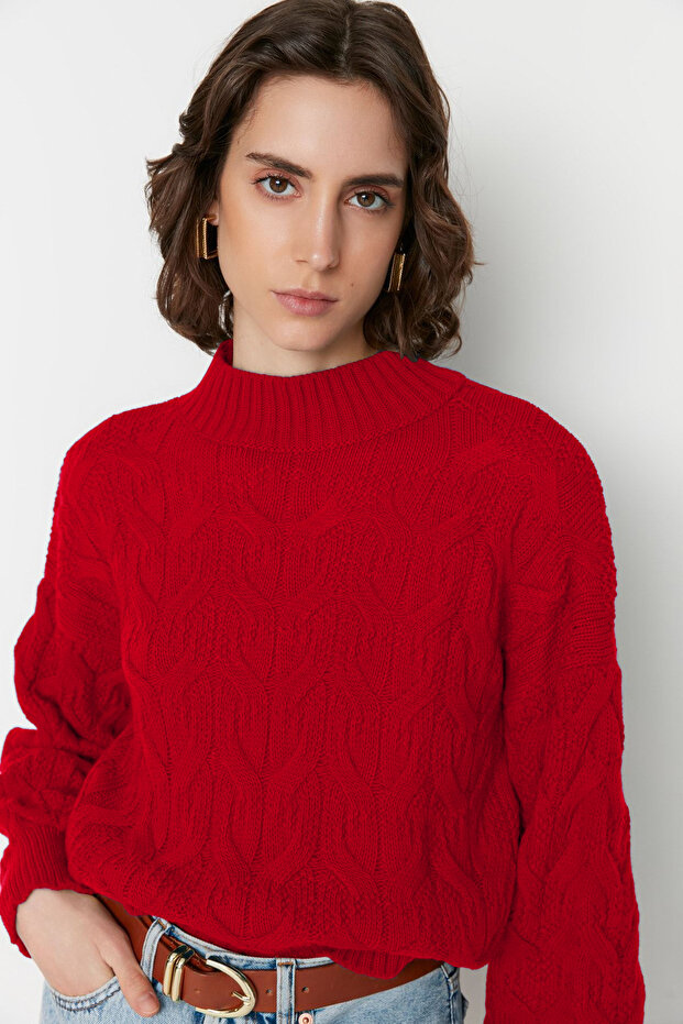 Kırmızı Crop Dik Yaka Triko Kazak TWOAW22KZ1634 - 3
