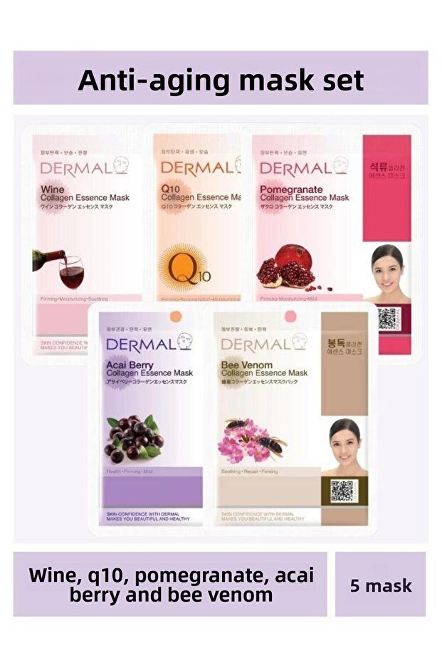 Anti-Aging 23 Gr × 5 Pieces Wine Q10 Pomegranate Acai Berry and Bee Venom Extract Mask Set