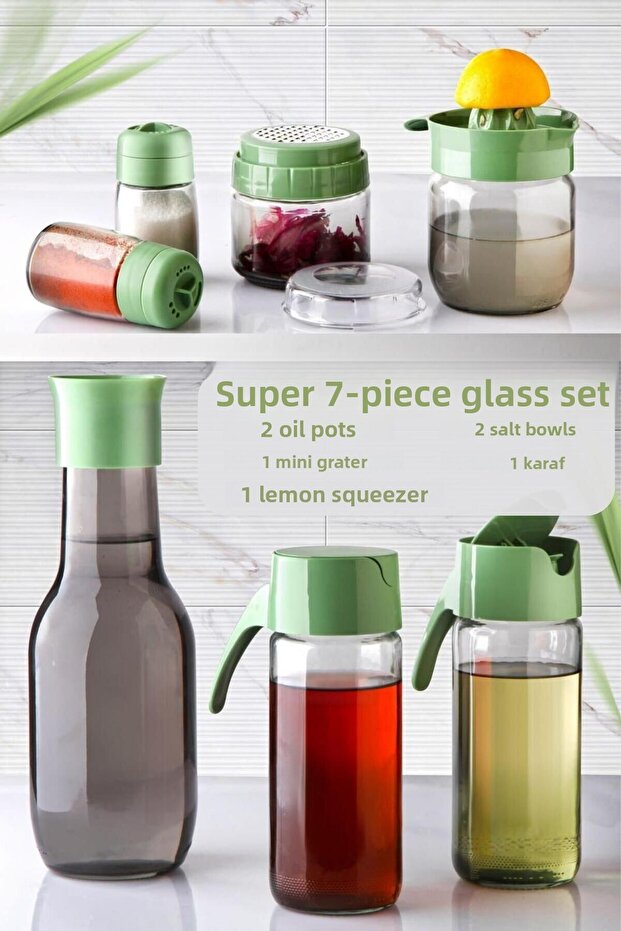 Green Rainbow 7 Piece Kitchen Set - Karaf Pitcher Oil Grater Lemon Juicer Salt Holder