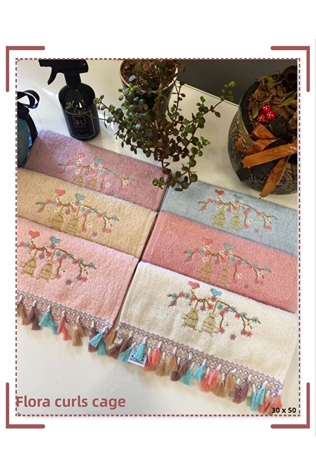 Set of 6 Flora Bukle (Lattice) Embroidered Hand Towels (30X50 cm)