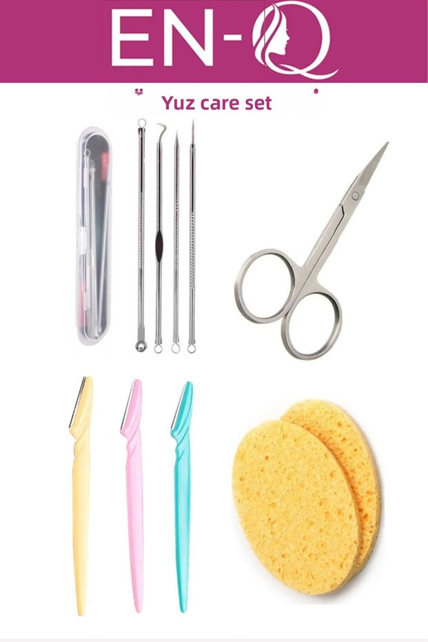 4-Piece Facial Care Set - Eyebrow Razor, Eyebrow Mustache Scissors, 4-Piece Comedone and Face Washing Sponge