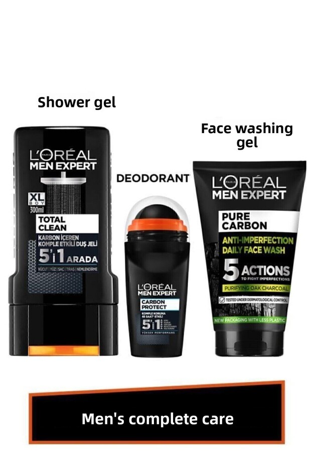 Men's Complete Care Set Charcoal Face Wash Gel 100ml + Total Clean Shower Gel 300 Ml + Roll On