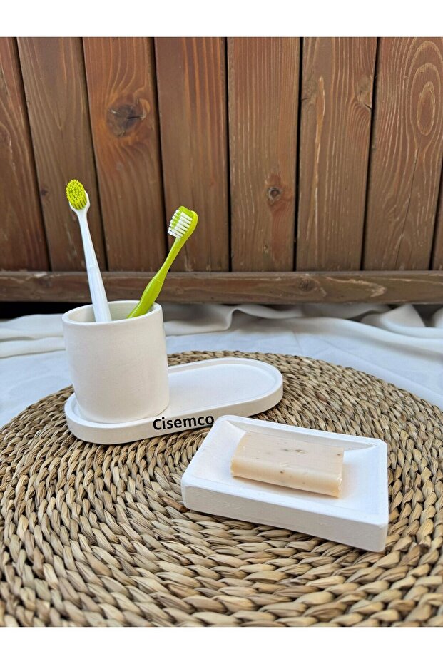 3 Piece Concrete Marble Pattern White Bathroom Set Solid Soap Dish Toothbrush Holder Decorative Presentation Tray