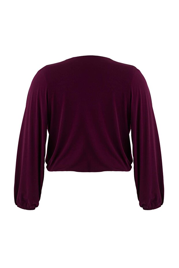 Mor Balon Kol Kruvaze Yaka Örme Crop Bluz TBBAW23AF00029 - 9