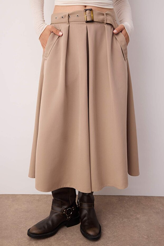Bej Kemerli Dokuma Kloş Midi Etek TWOAW26ET00034 - 4