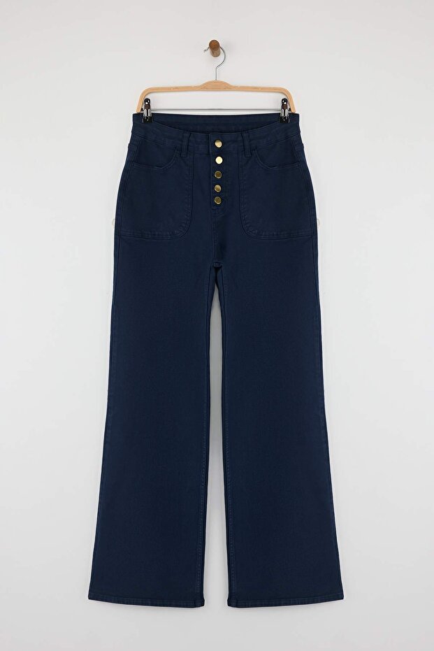 Özel Koleksiyon Lacivert Düğme Detaylı Yüksek Bel Wide Leg Comfort Esnek Rahat Jeans TWOAW26JE00017 - 1
