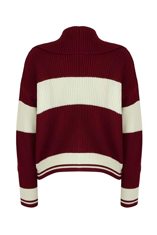 Bordo*001 Geniş Kalıp Çizgili Devrik Yaka Fermuarlı Triko Hırka TWOAW24HI00072 - 7
