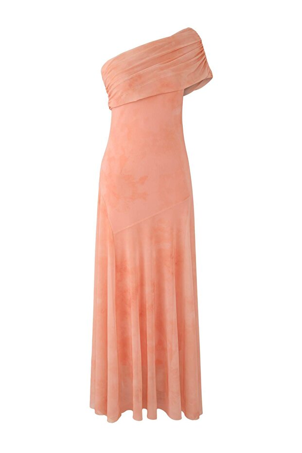 Světle oranžové se vzorem Asymetrický výstřih Tkané Maxi Večerní šaty Noční šaty TPRSS25AE00190 - 5