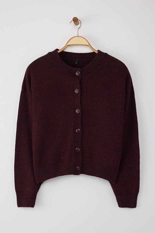 Wardrobe Essentials Bordo Alpaka Yünü Karışımlı Geniş Kalıp Triko Hırka | TWOAW26HI00089 - 5