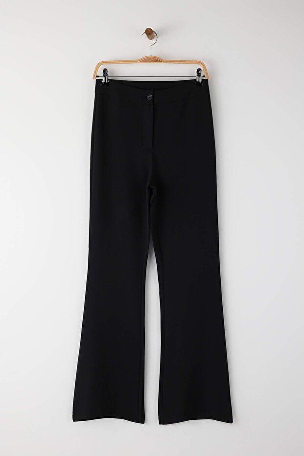 Siyah Flare İspanyol Paça Bootcut Dokuma Pantolon TOFAW19BB0581 - 5