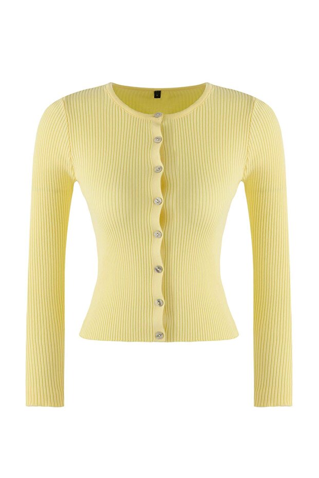Wardrobe Essentials Sarı Merserize Görünümlü Fitilli Triko Hırka | TWOAW26HI00118 - 5