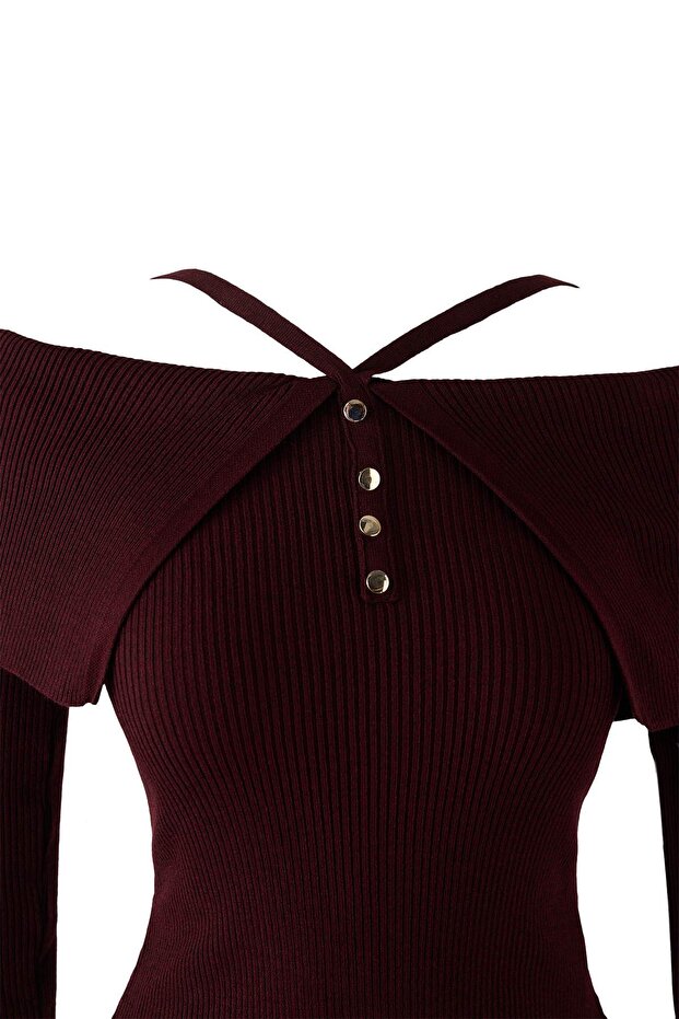 Bordo Premium İplik/Özel İplik Carmen Boyundan Askılı Triko Kazak TWOAW26KZ00076 - 6