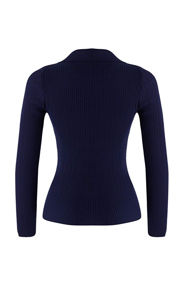 Wardrobe Essentials Lacivert Fitted/Vücuda Oturan Merserize Görünümlü Triko Hırka TWOAW26HI00113 - 7