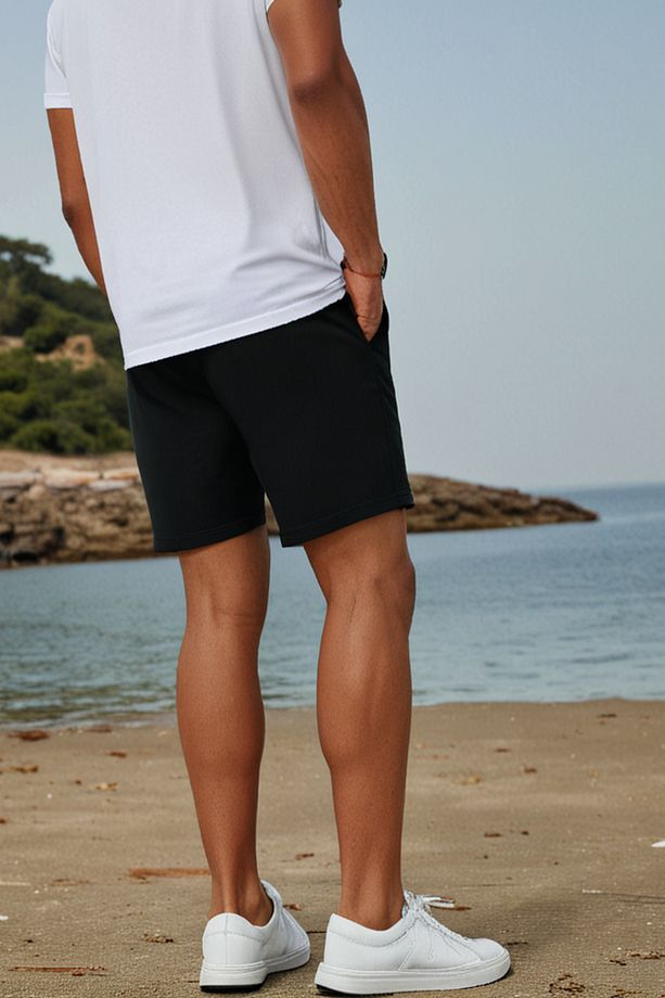 Pamuklu Erkek Siyah Casual Şort 2 Iplik Yan Cepli Bağcıklı Regular Fit Boru Paça Günlük Bermuda - 7
