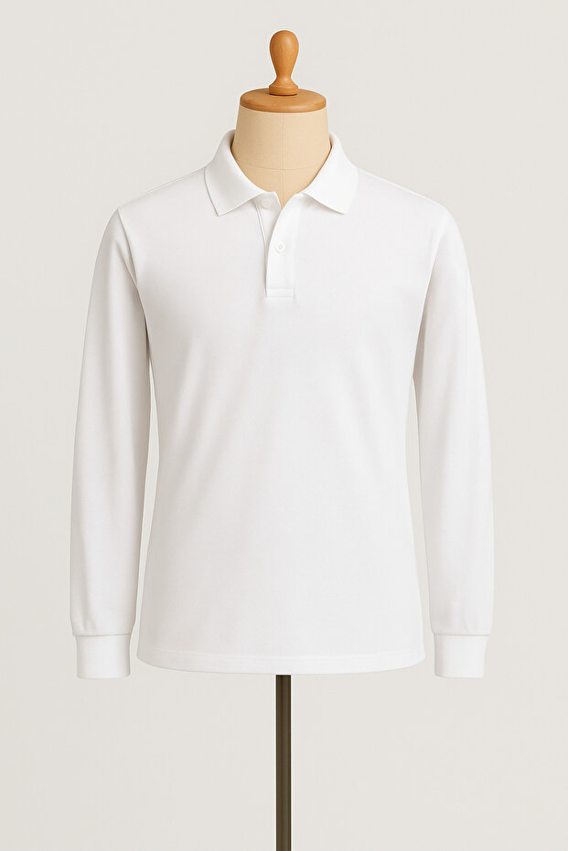 Unisex Polo Neck Long Sleeve White T-shirt